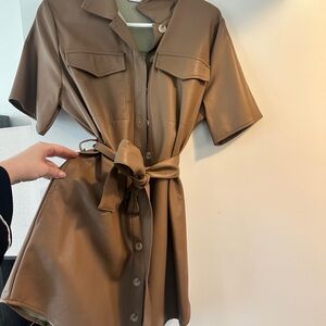 Brown Faux Leather Shirt Dress